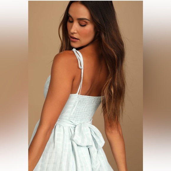 Lulus Sweetest Trend Light Blue Plaid Tie-Back Skater Mini Dress - Picture 3 of 4